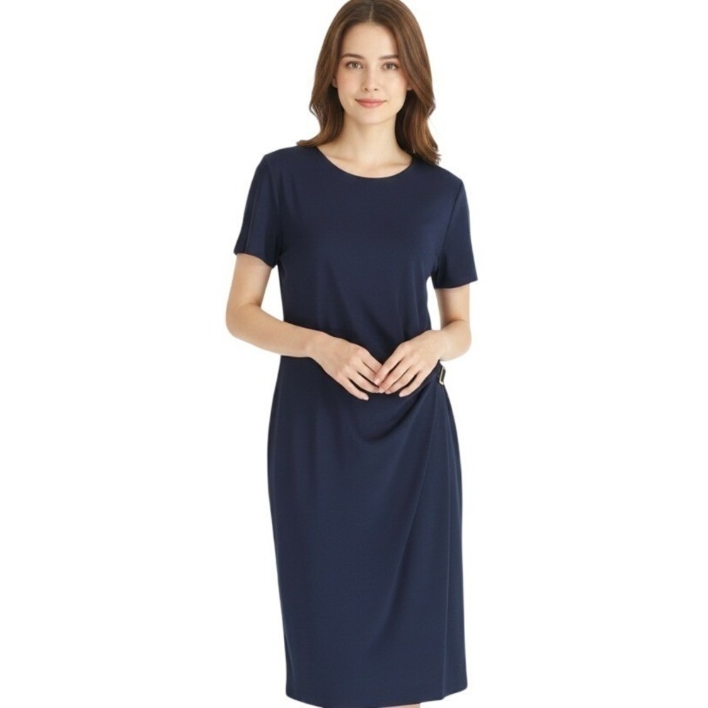 David Warren Dress Womens 14 Navy Ruched Sheath Short Sleeve Buckle Knee Length